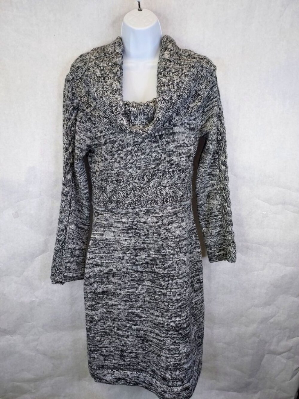 Maggy L Cowl Neck Sweater Dress Women's L Bodycon Cable Knit Merino Wool Grey